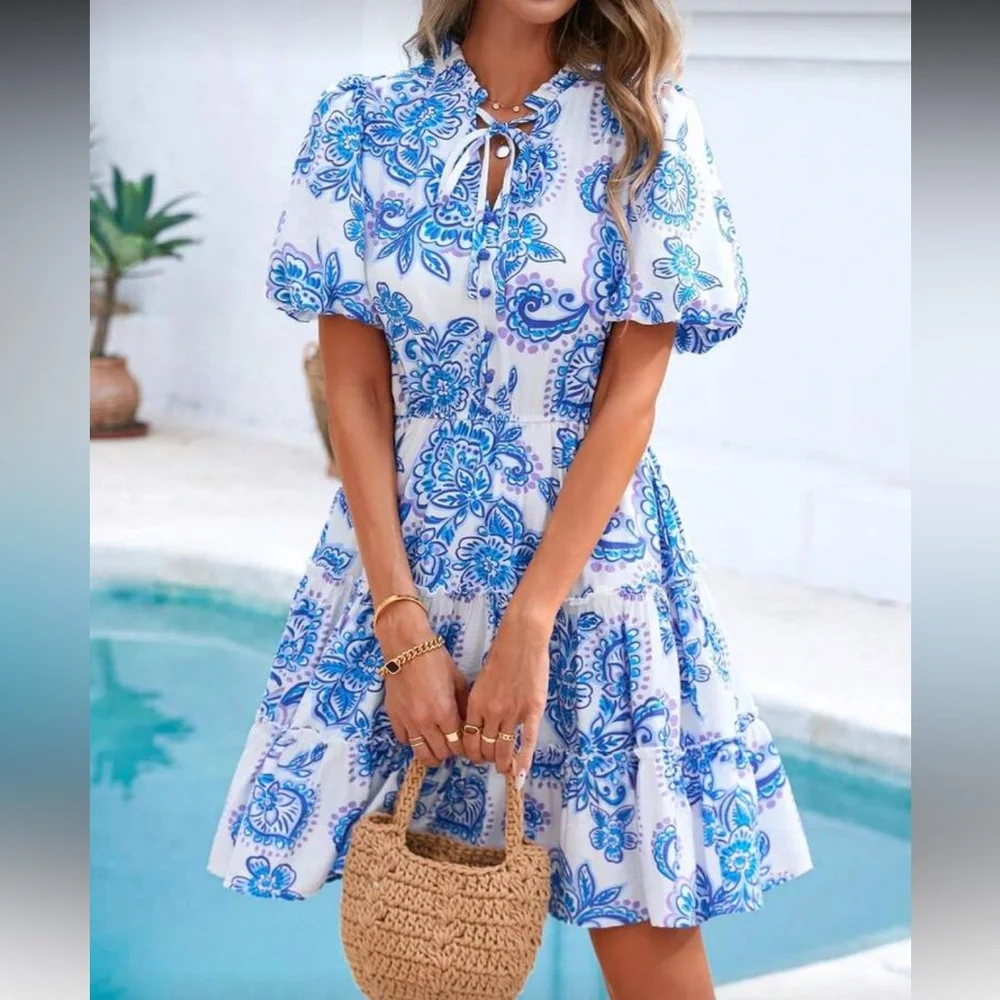 Blue and white floral print dress
